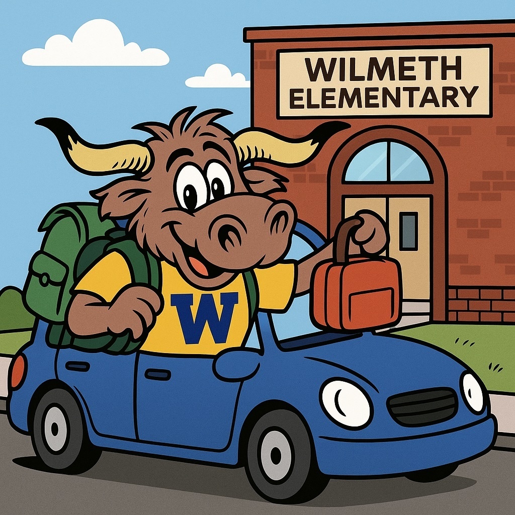 "Friendly vector illustration of the Wilmeth Elementary Longhorn mascot waving from a blue car parked in front of the brick school building. The Longhorn wears a yellow Wilmeth shirt with a blue W and a green backpack, and is holding a bright orange lunchbox. The scene is bright and welcoming under a blue sky."