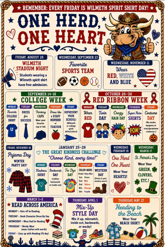 Western-themed Wilmeth Elementary spirit and dress-up day calendar for the 2026–27 school year with the heading “One Herd, One Heart.” The calendar lists Wilmeth Stadium Night on August 28; Favorite Sports Team Day on September 23; College Week, September 14–18; Red Ribbon Week, October 26–30; Red, White and Blue Day on November 11; Pajama Day/Winter Party Day on December 18; The Great Kindness Challenge, January 25–29; One Herd, One Heart Day on February 10; St. Patrick’s Day on March 17; Read Across America Week, March 1–5; Mix-Up Style Day on April 1; and Heading to the Beach Day on May 27. A reminder at the top says every Friday is Wilmeth Spirit Shirt Day.