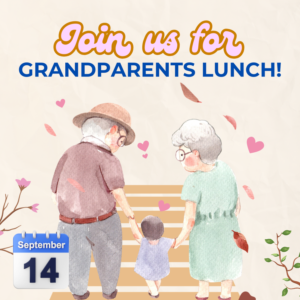 A watercolor-style graphic announcing "Join us for Grandparents Lunch!" in pink and blue lettering. The image shows a grandparent couple holding hands with a child as they walk together toward a bench. Pink hearts and autumn leaves surround the family scene. A calendar icon in the bottom left corner displays the date, September 14. The graphic has a warm, welcoming feel and promotes Grandparents Lunch at Wilmeth Elementary.