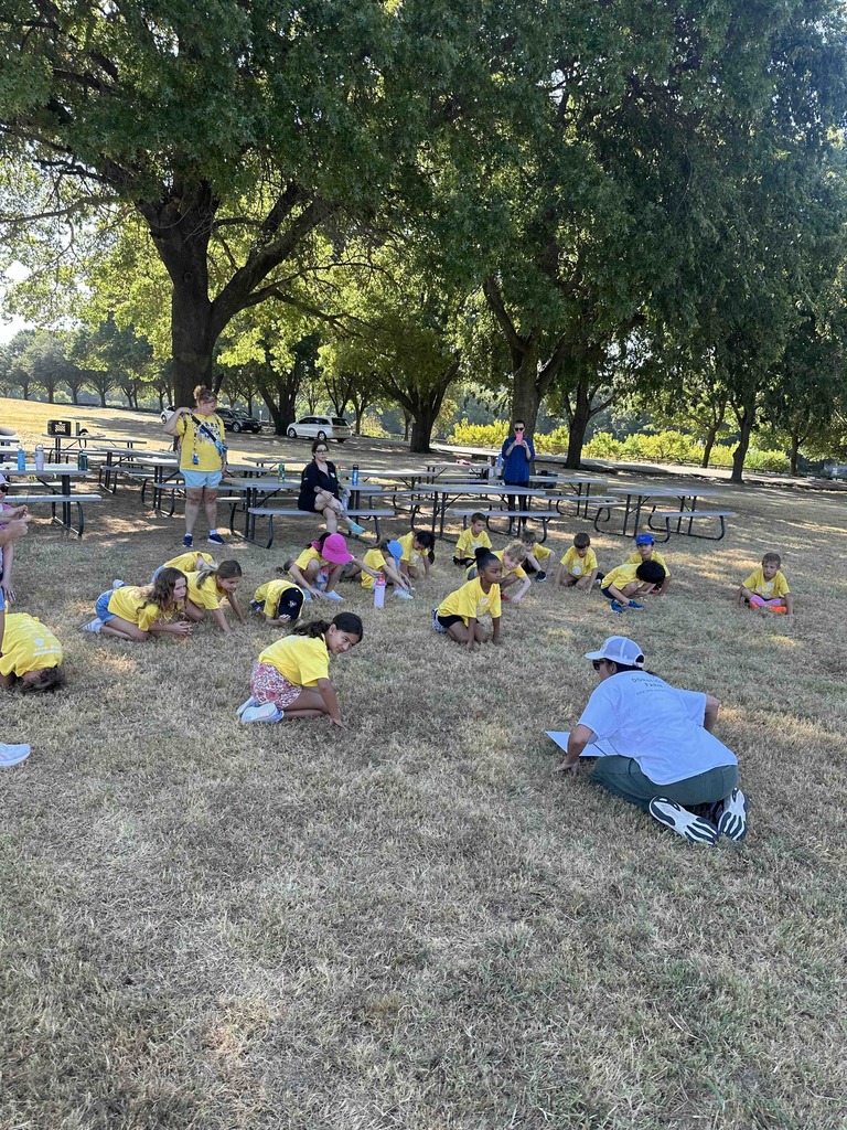 Group of students imitating an instructor during a field trip, kneeling on the ground