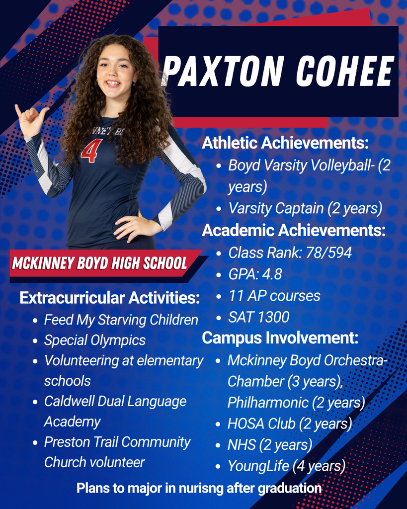 Picture of Paxton Cohee from McKinney Boyd High School, our Dennis Baker State Farm Scholar Athlete of the Week