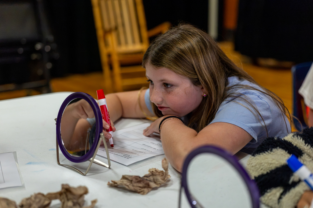 girl trying to write while looking in a mirror