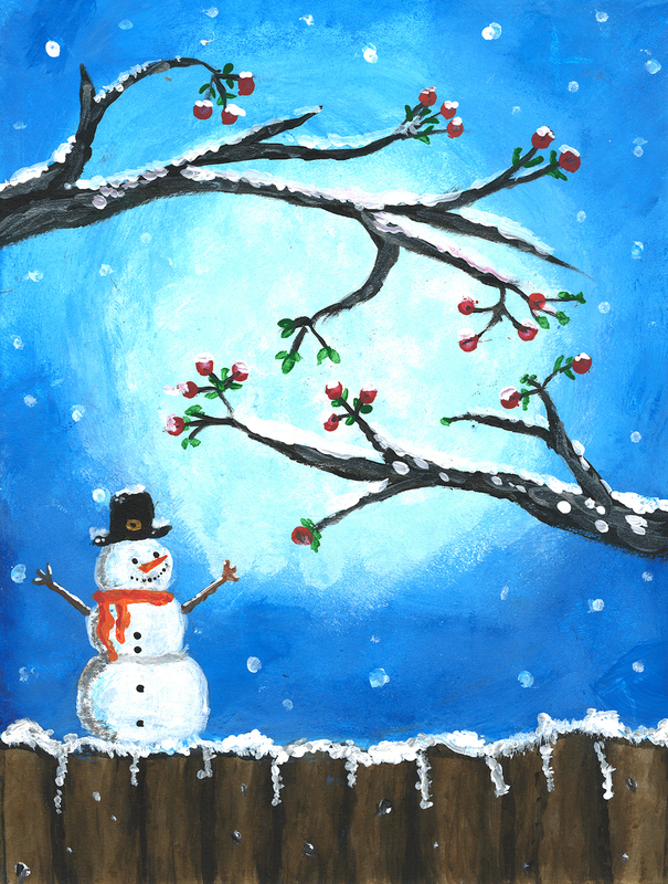 art piece with snowman and a fence in a wintry night