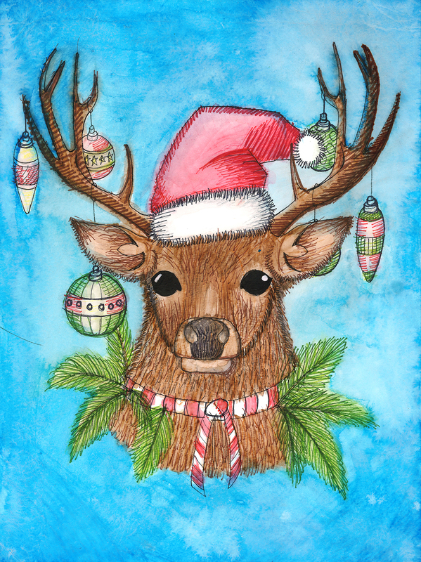 art piece of deer with santa hat and ornaments on antlers