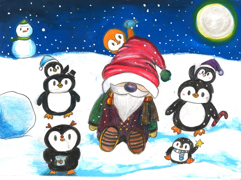 art piece depicting Santa in snow surrounded by penguins