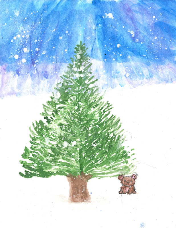 art piece depicting Christmas tree in a snowy field