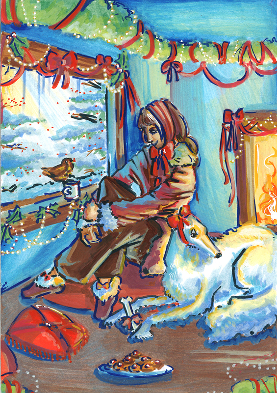 art piece depicting woman sitting near fireplace in chair beside a white dog looking out the window upon a snowy scene