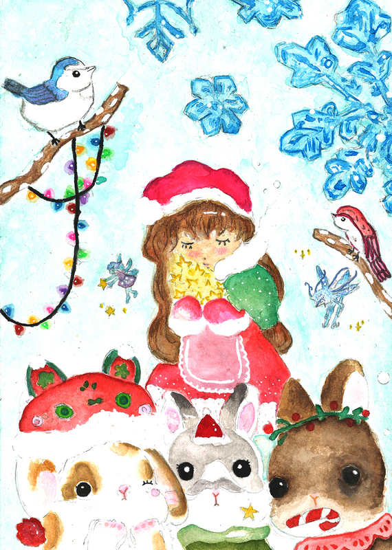 art piece depicting young girl in red standing in a snowy scene with animals