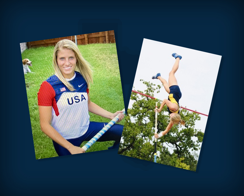 kneeling in olympic uniform with pole and pole vaulting over bar