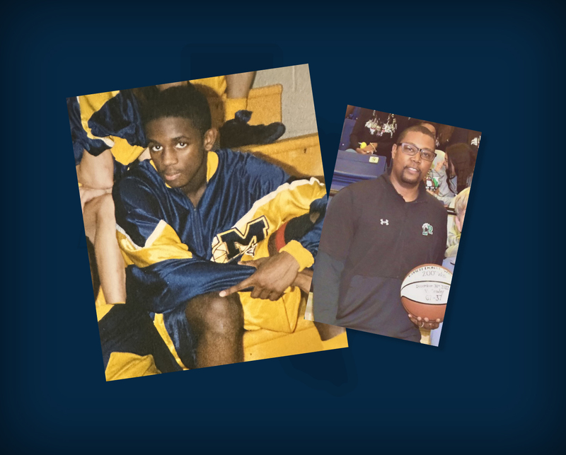 old photo in basketball uniform and holding a basketball after coaching a game