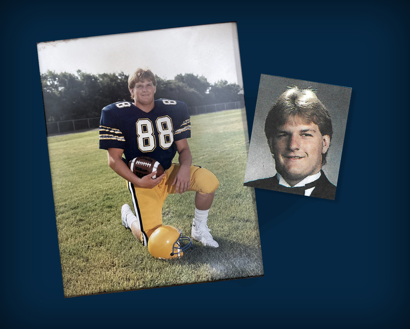 old football photo of Winburn kneeling and senior head shot