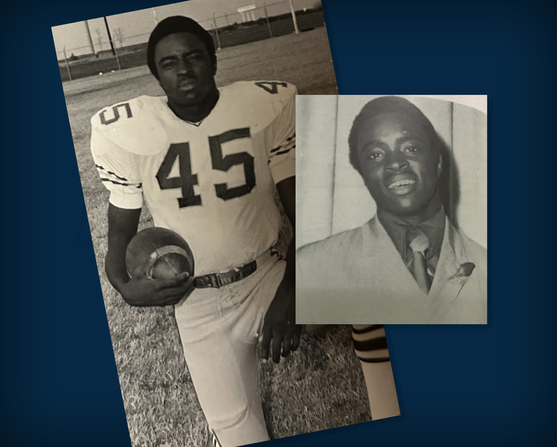 Otis Fields in old posed football photo kneeling with ball and head shot from old yearbook