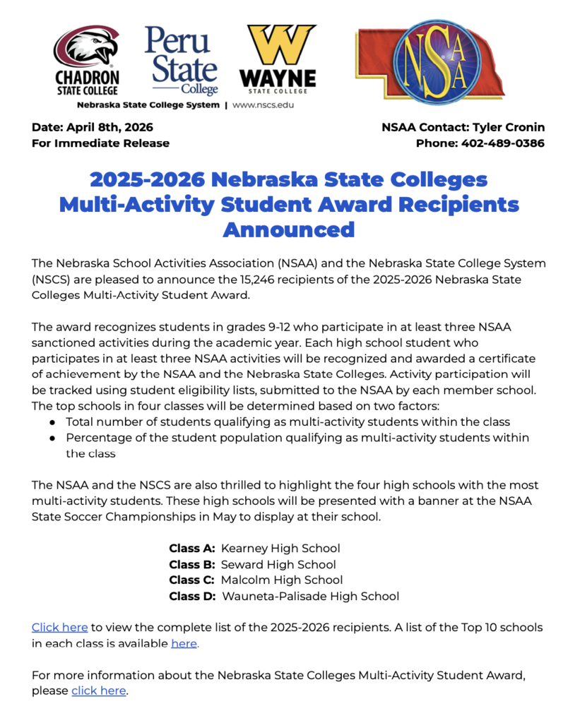 25-26 Nebraska Sate College Multi-Activity Student Awards Recipients Announced.  