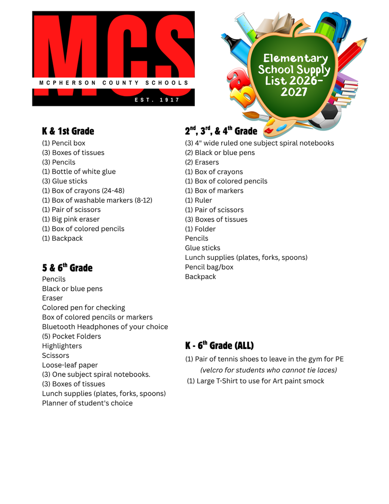 MCS elementary supply list for 26-27.