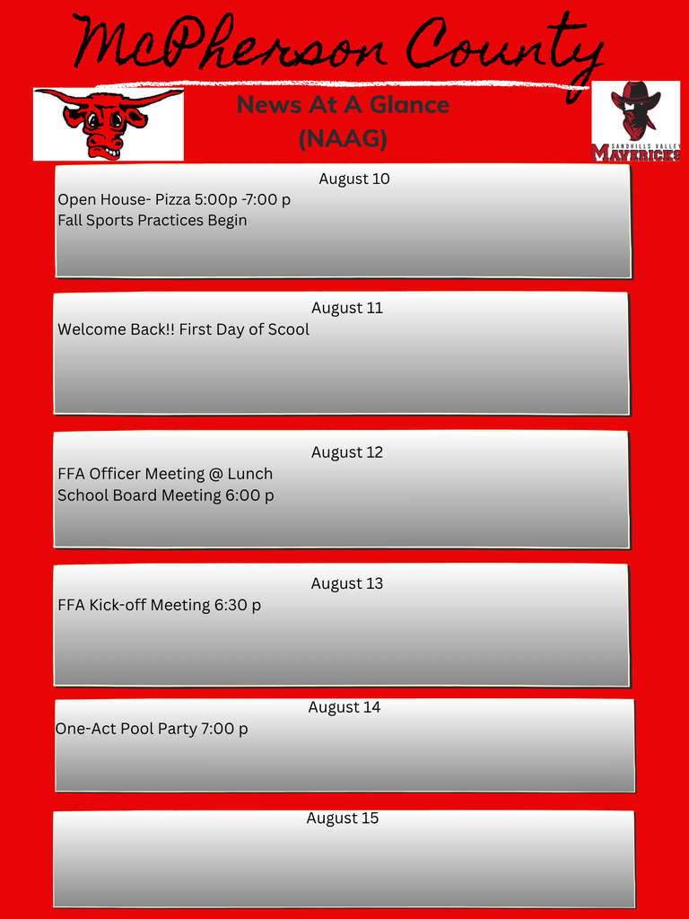 August 10-15 weekly school update. 