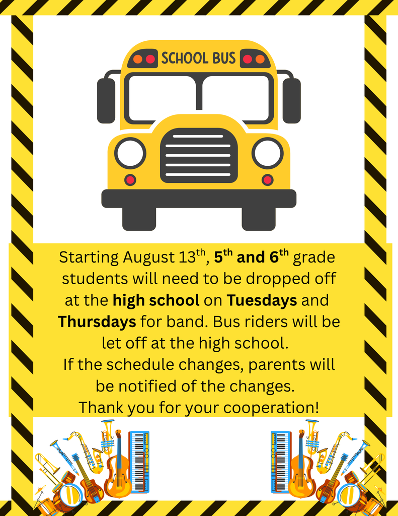 5th 6th drop off on Tuesdays and Thursdays for band in the morning at the high school.