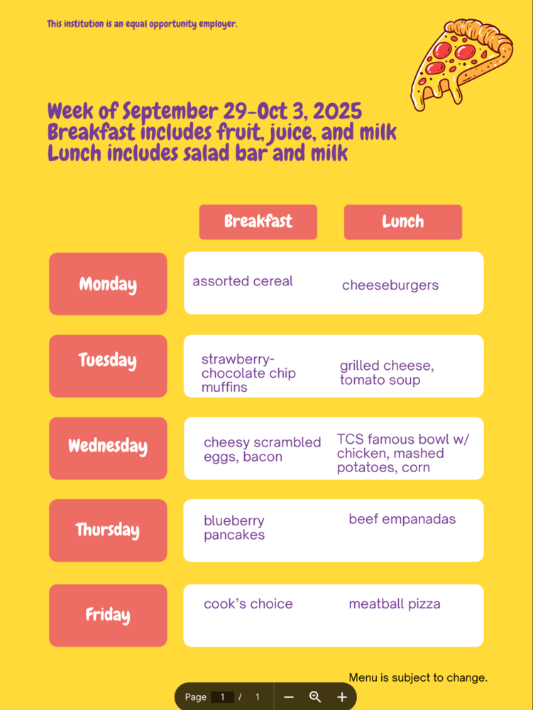 Menu September 29-October 3