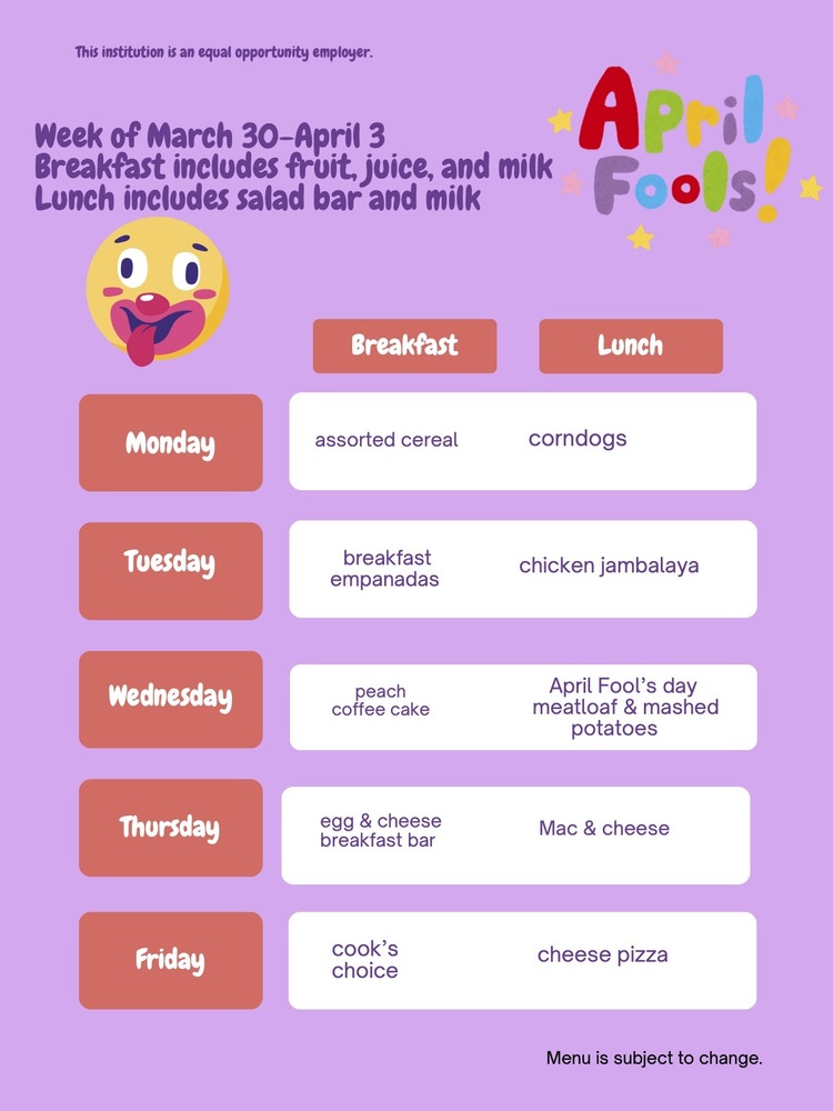 Menu March 30-April 3