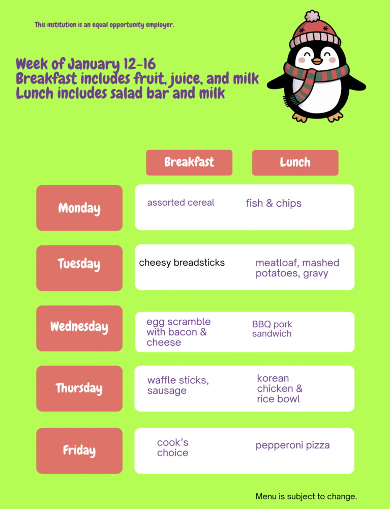 Menu January 12-16