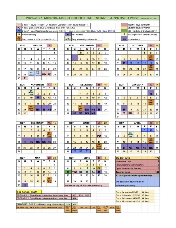 2026-2027 MDIRSS-AOS 91 School Calendar