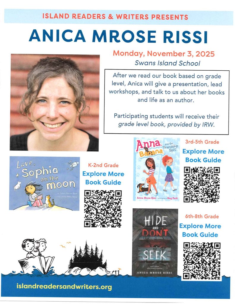 Island Readers and Writers Flyer promoting Anica Mrose Rissi Visit to Swan's Island School on November 3rd, 2025