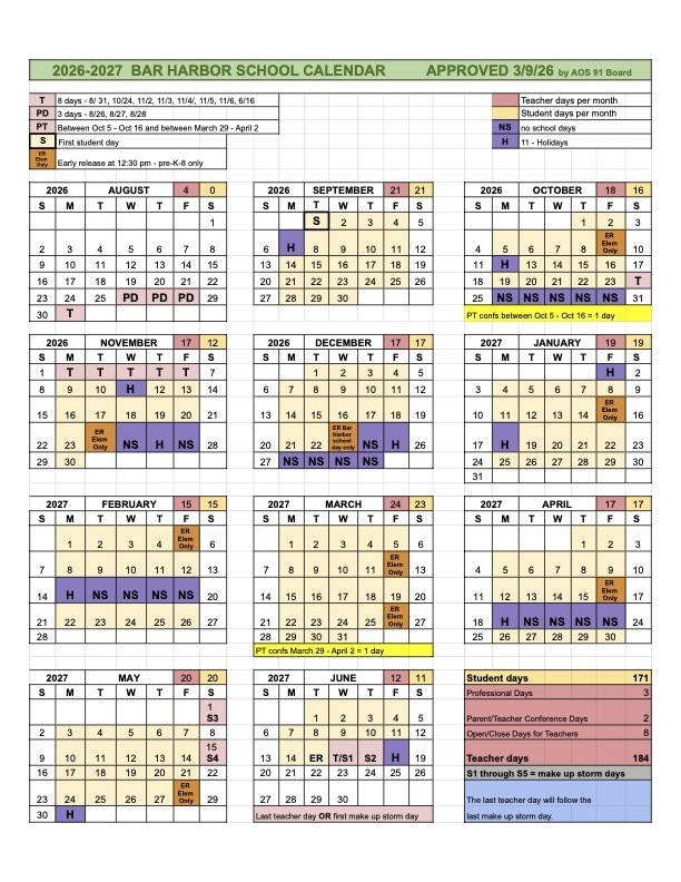 26-27 Bar Harbor School Calendar