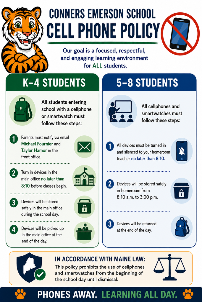 CES Cell Phone Policy: K-4 students must have prior notice sent to admin and will leave devices in office, and 5-8 students must turn in to homerooms