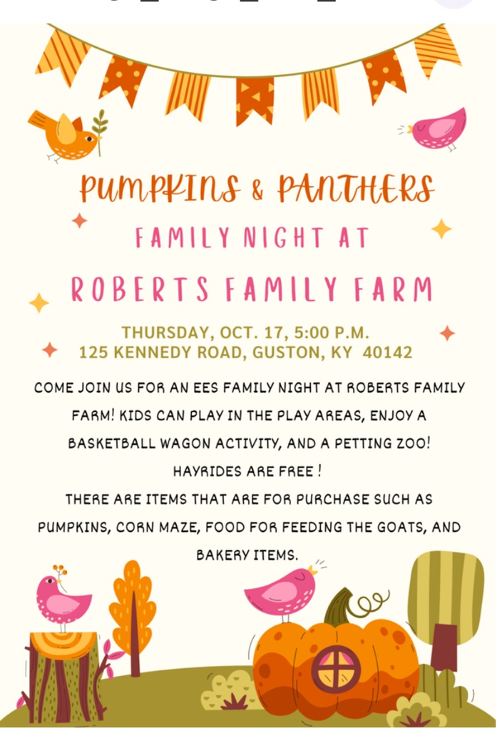 Pumpkins & Panthers Family Night at Roberts Family Farm is THIS Thursday, Oct. 17 starting at 5:00 p.m.  We hope that you can join us!