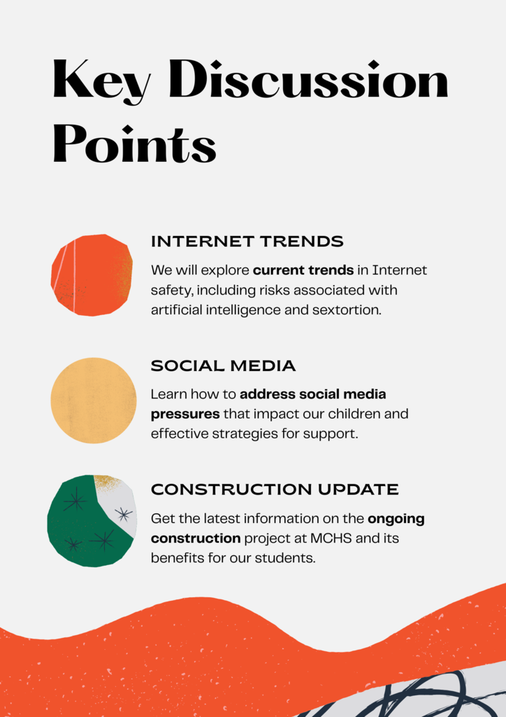 Flyer describing a Parent meeting on September 15th at 6:30 in the MCHS Auditorium- Topic is internet safety trends and construction updates 