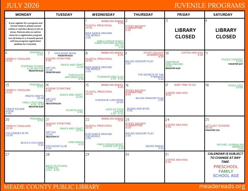Meade County Public Library Activity Calendar July 2026