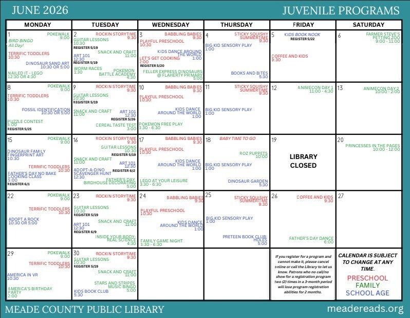 Meade County Public Library Activity Calendar June 2026