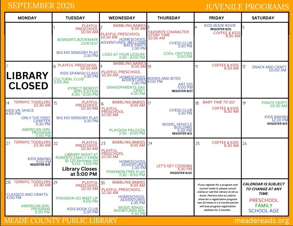 meade county public library september calendar
