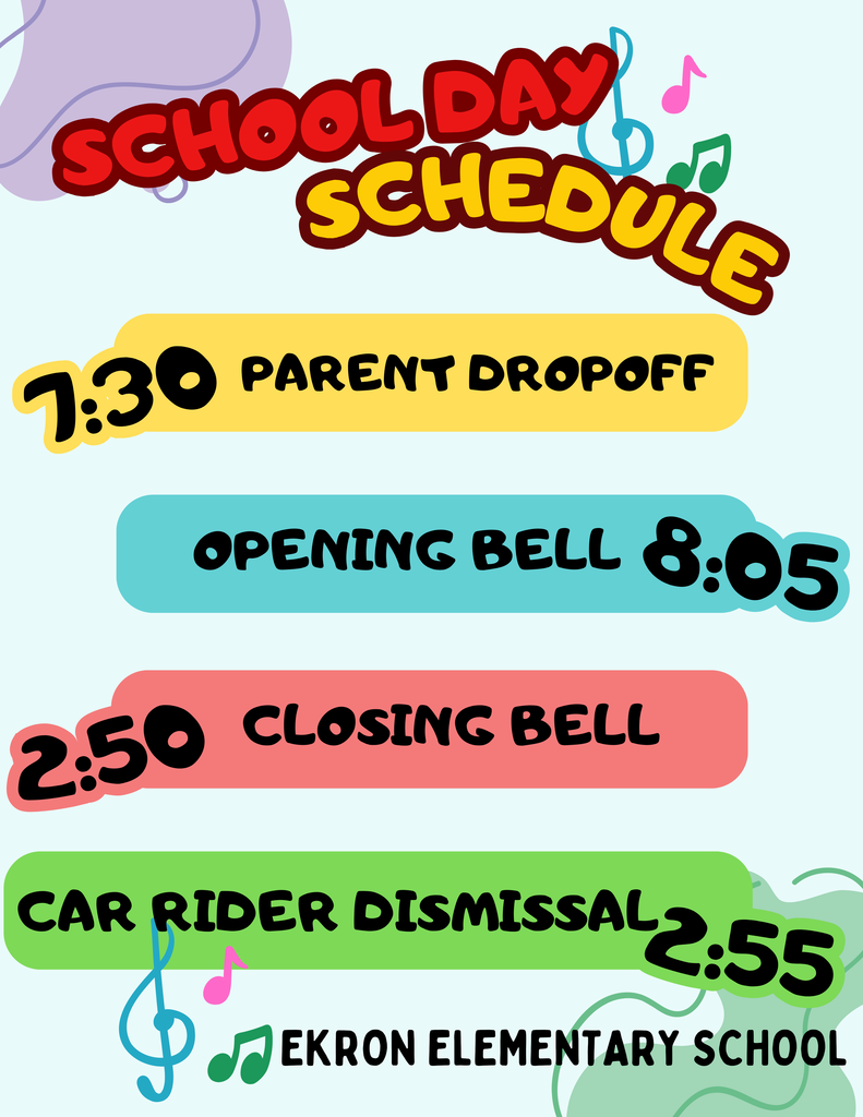 7:30 parent drop off, 8:05 opening bell, 2:55 parent pick up
