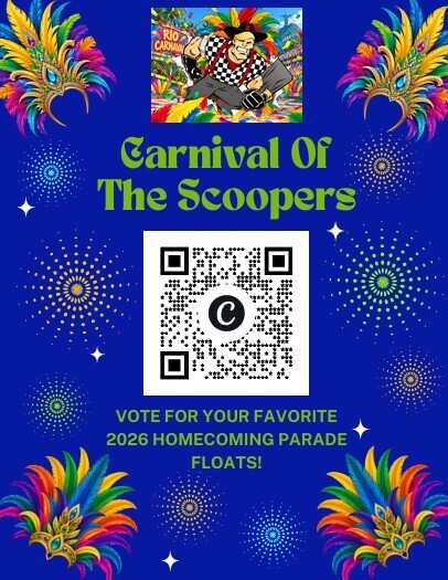 Picture of "Carnavs of the Scoopers" with QR code to vote for your favorite 2026 homecoming parade floats. 