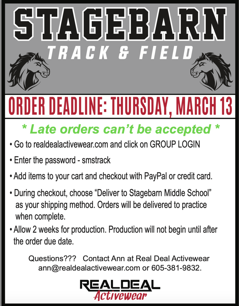 Order your track gear today!! Deadline March 13!