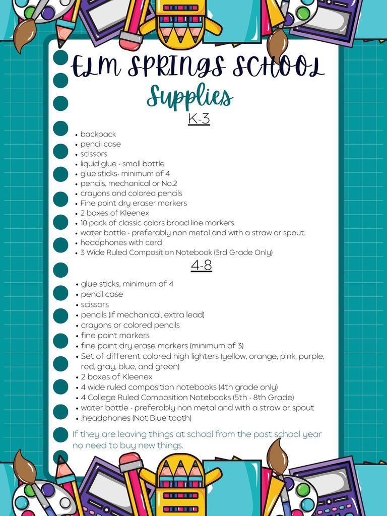 Elm Springs Classroom Supplies