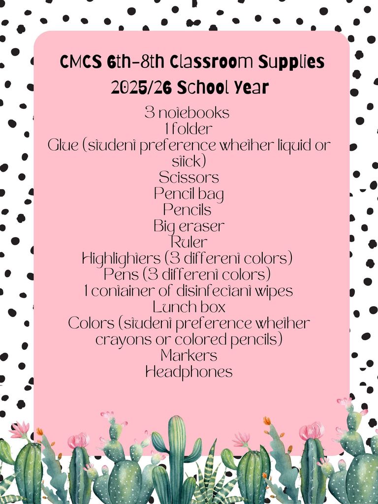 CMCS 6th-8th Supply List