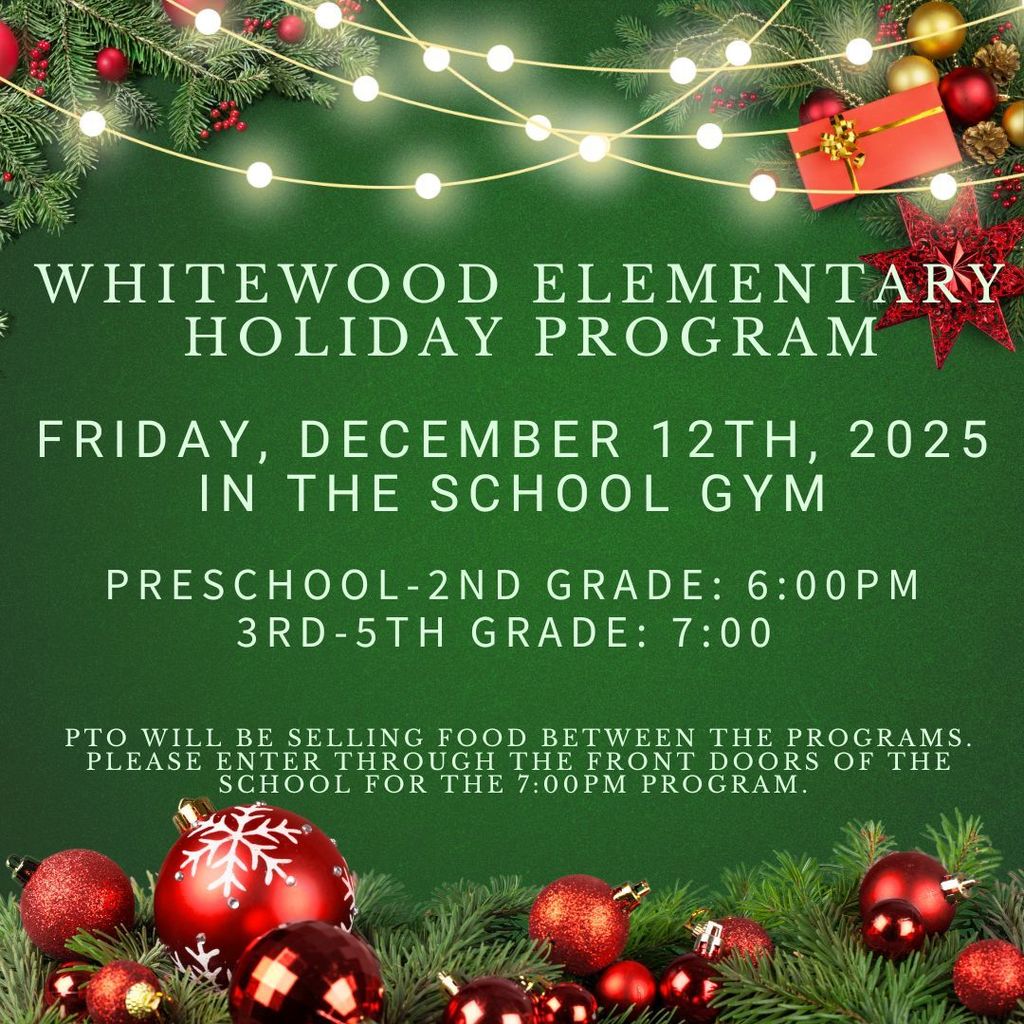 whitewood elementary holiday program, green background with Christmas lights and balls