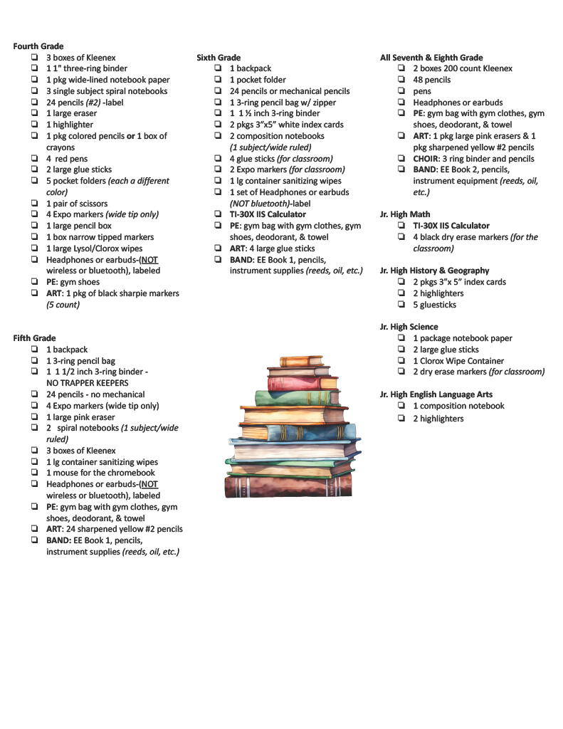 School Supplies 4th-Junior High