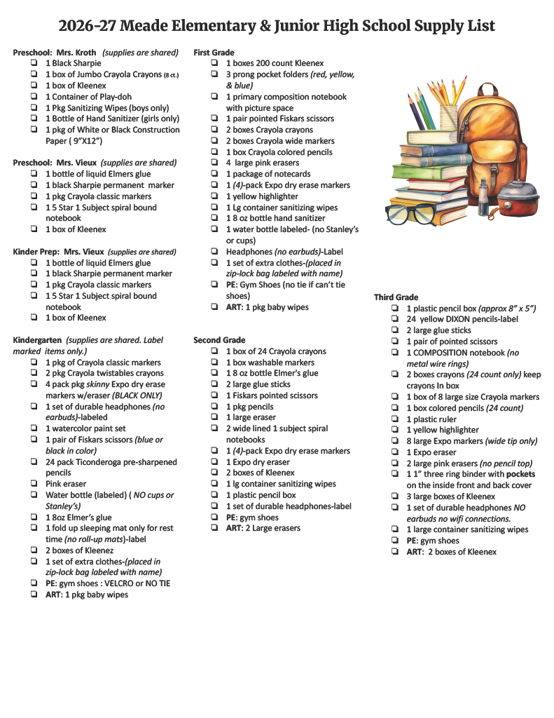 School Supplies PS-3rd Grade