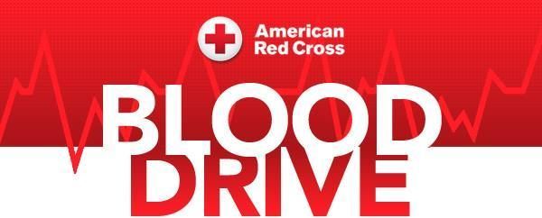 Blood (white) Drive (Red) written on a red back ground with a different color red heart beat pattern behind it. American Red Cross above it, written in white. To the left of it is the American red cross symbol