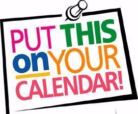 Put this on your calendar! Sign. The words are in pink, green, blue, orange. The outline of the sign is black with a pushpin that is also black and white at the top . 