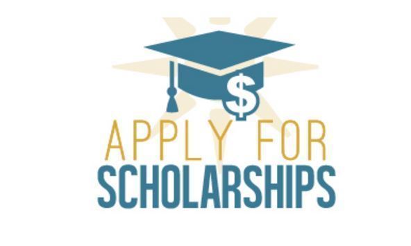 Apply for (yellow) scholarships (teal) above the words is a graduation cap (teal) with a white money sign.