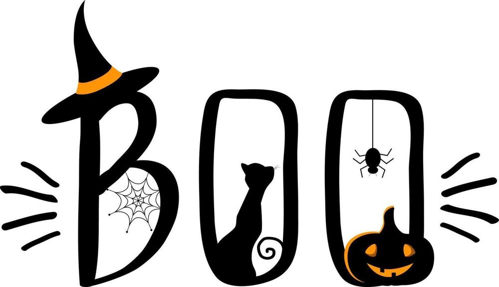 BOO written in black. The B is wearing a black 7 orange witches hat. In the bottom of the B is a spider web. One O as a black cat sitting in side. The 2nd O has a jack o' lantern sitting at the bottem with a spider hanging above.