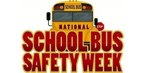 National School Bus Safety Week is written in red with a yellow outline. Behind the words is yellow school bus.The bus has its stop sign out