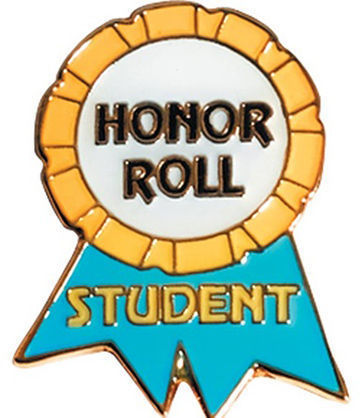 Honor Roll Student award. The award is yellow and teal. Inside the yellow is the words Honor Roll in brown and black. Student is written in the teal part