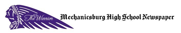 Mechanicsburg High School Newspaper (black) To the left is a purple Indian with the word The Warrior in white through out his head peice.