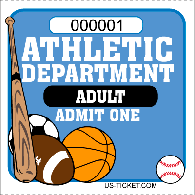 Athletic Department Admit One is written in white. on the left of the page is a brown baseball bat, along with that is a black & white Soccor ball, brown football and a orange basketball. on the right side is a white and red baseball.