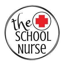 The School Nurse (black) is written inside of a cirle. the background is white. To the upper right of the words is a red cross. The outline of the circle is black.