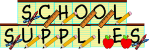 School supplies written on yellow paper with pencils, apples and crayons.